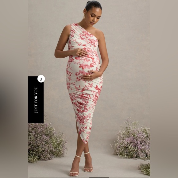 Club L London LATE NIGHT PINK FLORAL  MATERNITY RUCHED ONE SHOULDER MIDI DRESS - Picture 1 of 11